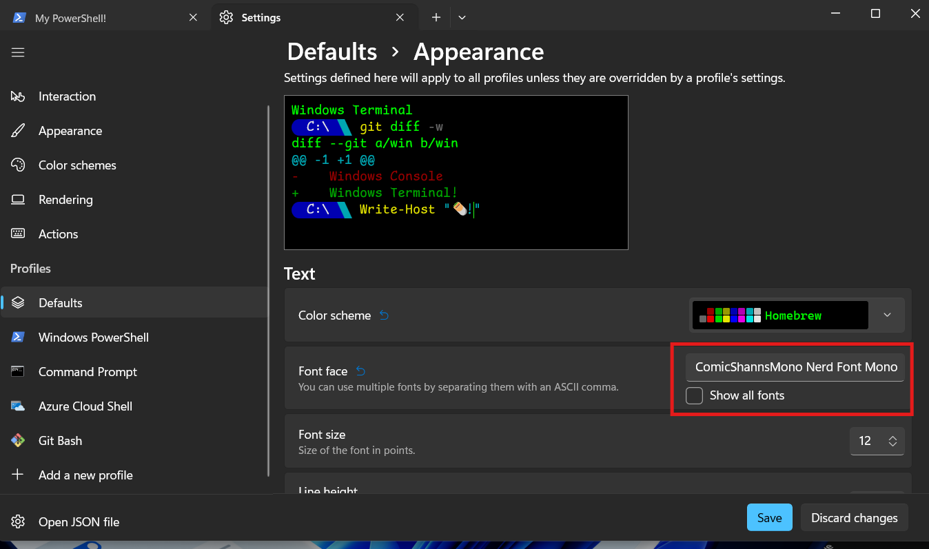 Font selection in Windows Terminal Settings